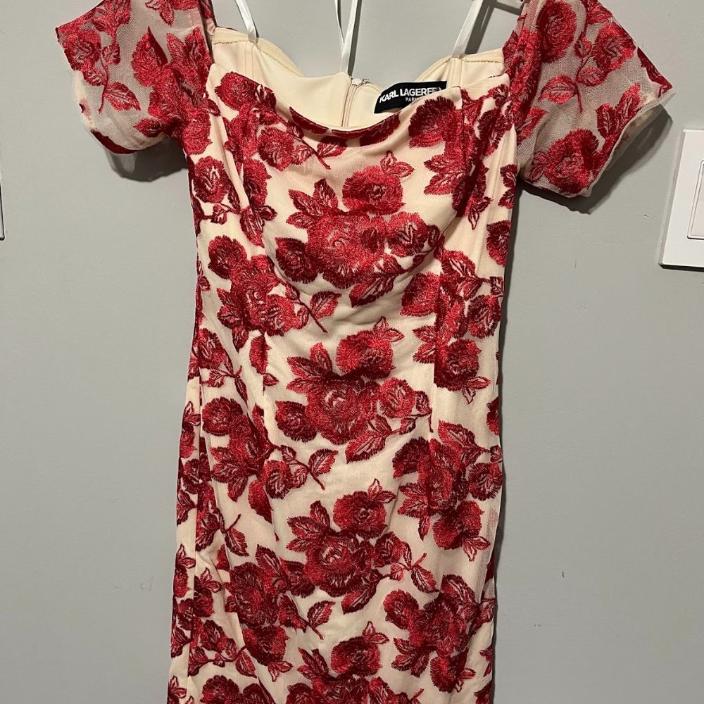 Off Shoulder Floral Embroidered Dress Red & Cream Size 2 Karl Lagerfeld Paris